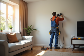 Électricien professionnel installant un tableau électrique dans un salon lumineux