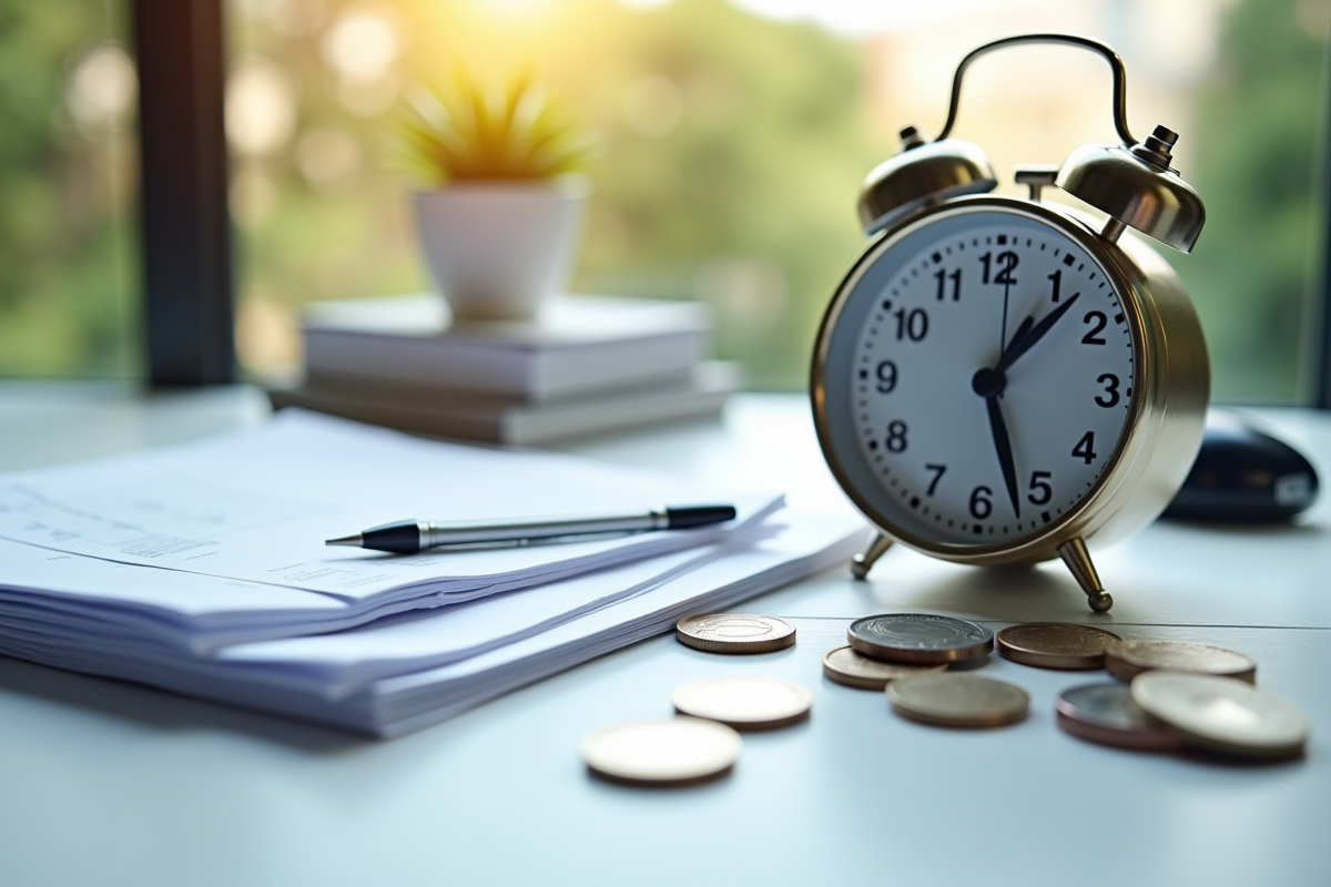 Factures empilees une horloge et des euros sur un bureau