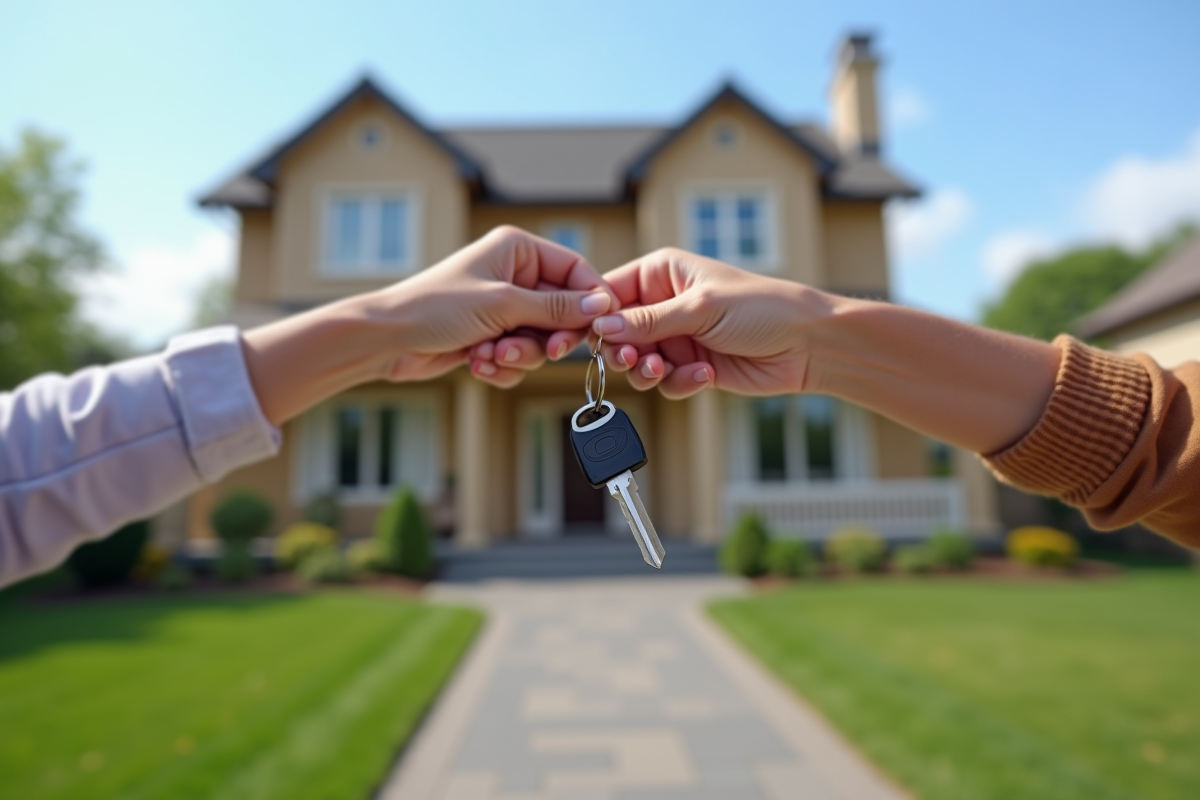 Famille heureuse tenant des clés devant leur nouvelle maison
