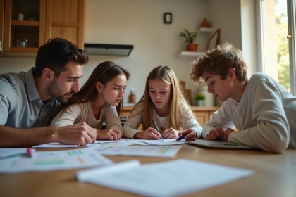 Famille calculant ses dépenses à la maison