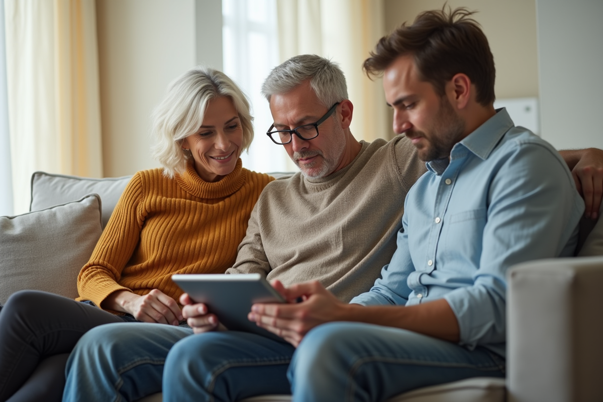 Famille discutant de la privacy avec tablette à la maison