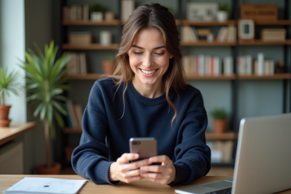 Femme utilisant son smartphone pour un achat en ligne dans un espace cosy