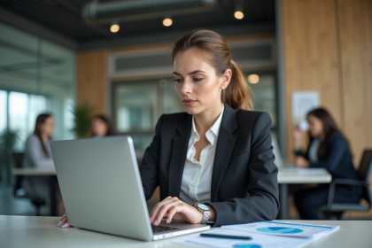 Femme d affaires concentrée analysant des graphiques au bureau