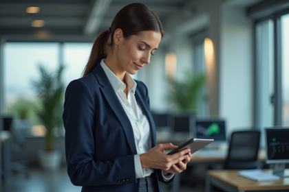 Jeune femme d'affaires analyse des données financières sur une tablette