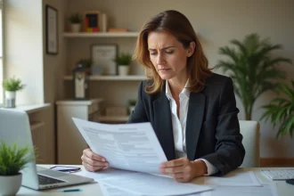 Femme d'affaires française examine des documents d'assurance