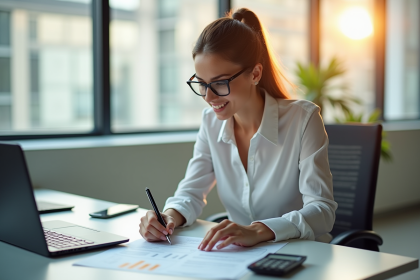 Femme d'affaires confiante dans un bureau moderne vérifiant des documents d'assurance