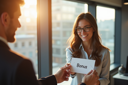 Femme d'affaires souriante dans un bureau moderne remet un bonus