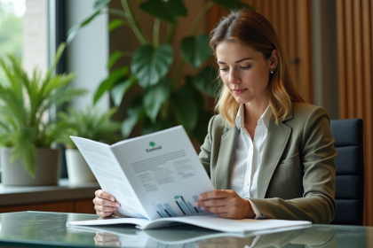 Femme d'affaires examinant des brochures d'éco-investissement dans un bureau moderne