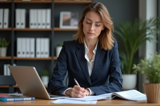 Femme d'affaires en bureau avec documents et tablette
