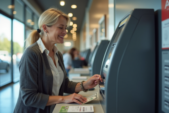 Femme souriante retirant de l'argent au distributeur dans un bureau de poste moderne