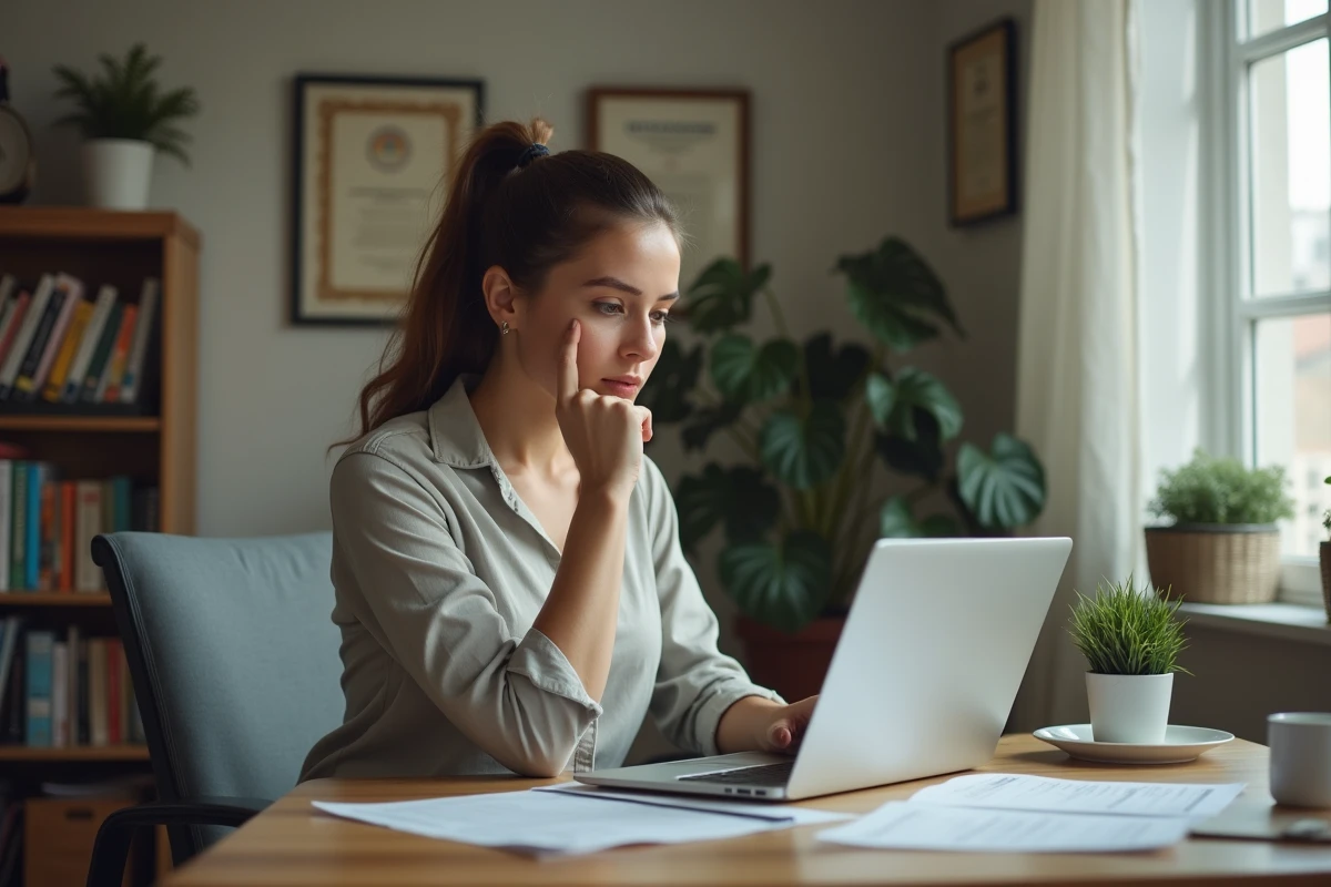 Jeune femme regardant son ordinateur avec des documents financiers