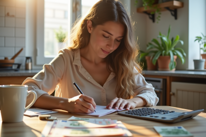 Jeune femme calculant son budget mensuel à la cuisine