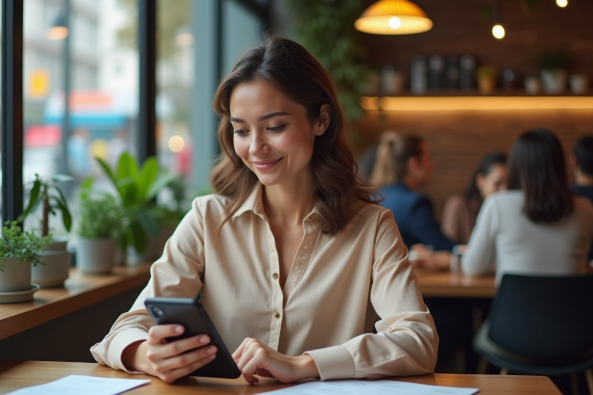 Femme au café vérifiant ses reçus pour la declaration d