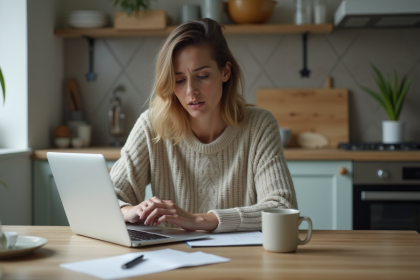 Jeune femme préoccupée devant son ordinateur à la maison