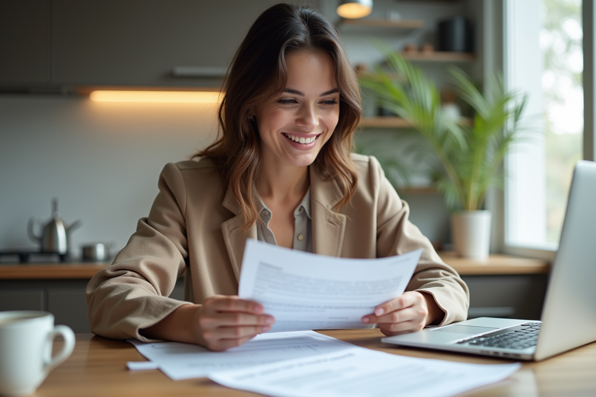 Jeune femme confiante vérifiant ses documents d'assurance à la maison