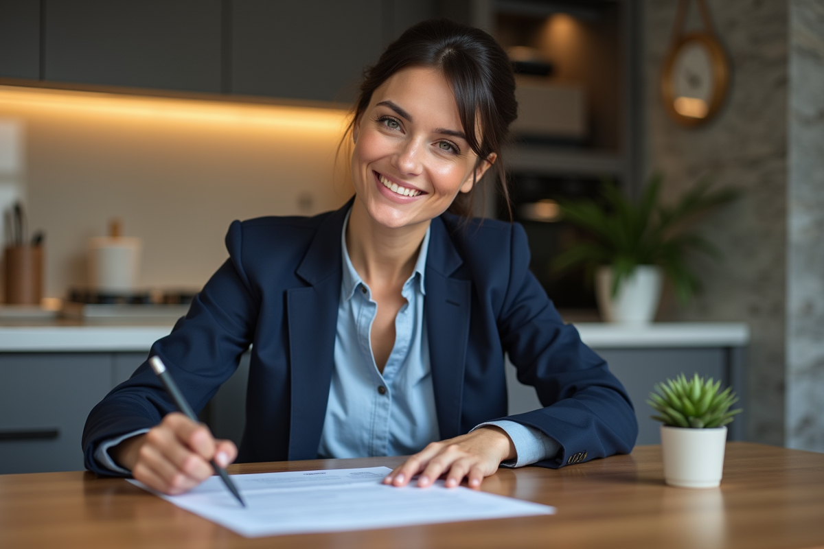 Femme confiante en costume bleu examinant documents de prêt immobilier