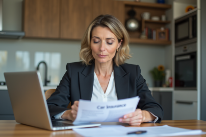 Femme d'affaires compare documents d'assurance voiture