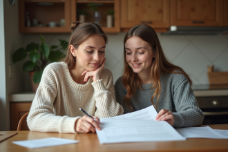 Femme et adolescente regardant des papiers à la maison