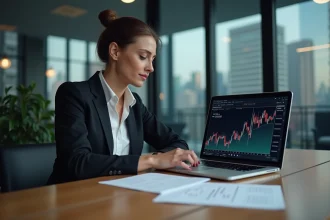 Femme d affaires analysant des graphiques financiers sur son ordinateur