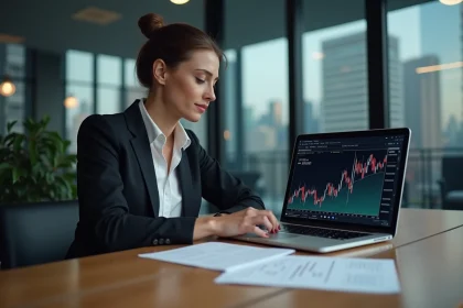 Femme d affaires analysant des graphiques financiers sur son ordinateur