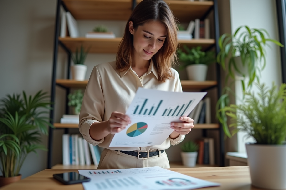 Jeune femme analysant un rapport financier à la maison