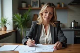 Femme d'âge moyen examinant des documents financiers à la maison