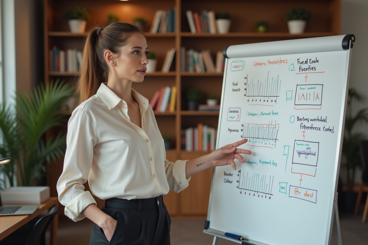 Jeune femme professionnelle expliquant des graphiques
