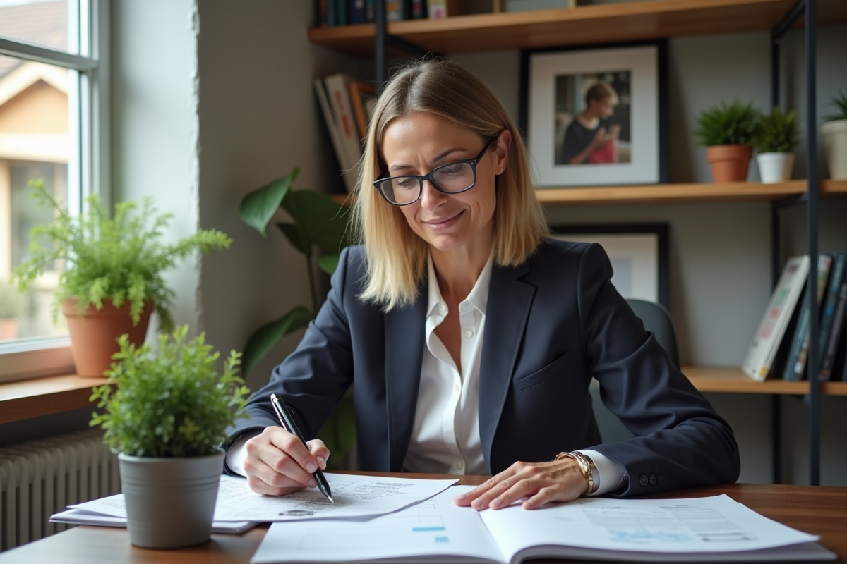 Femme d affaires analysant des documents financiers dans un bureau