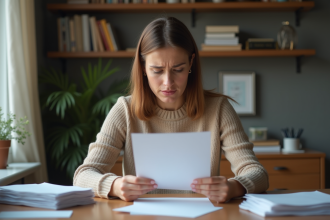 Femme inquiète lisant une lettre à son bureau à domicile