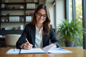 Femme professionnelle en blazer dans un bureau moderne