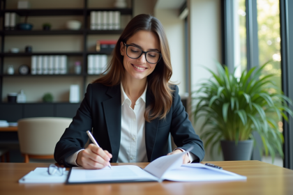 Femme professionnelle en blazer dans un bureau moderne