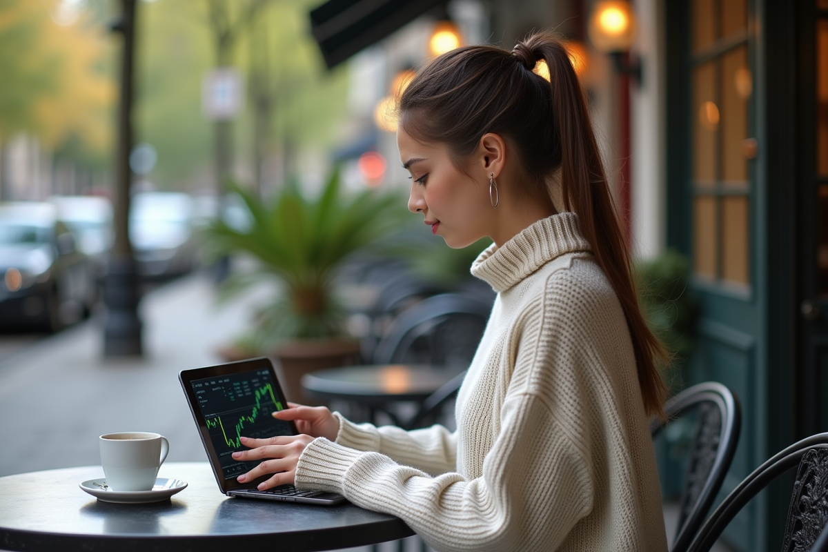 Jeune femme vérifiant des graphiques financiers en extérieur