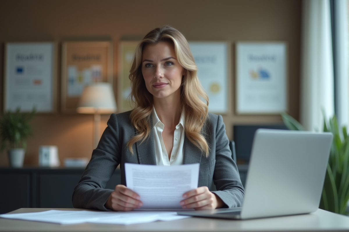 Femme professionnelle tenant des documents de prêt immobilier