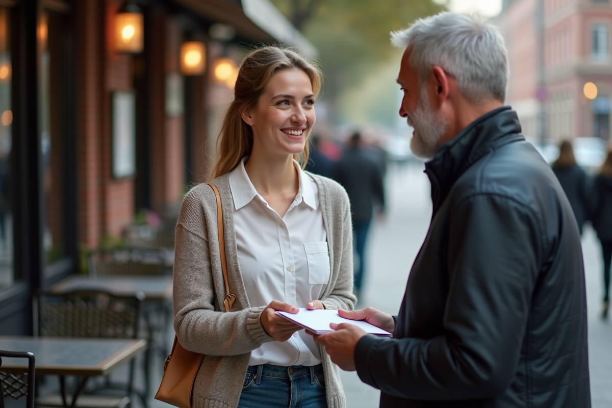 Jeune femme donnant une enveloppe à un homme en extérieur