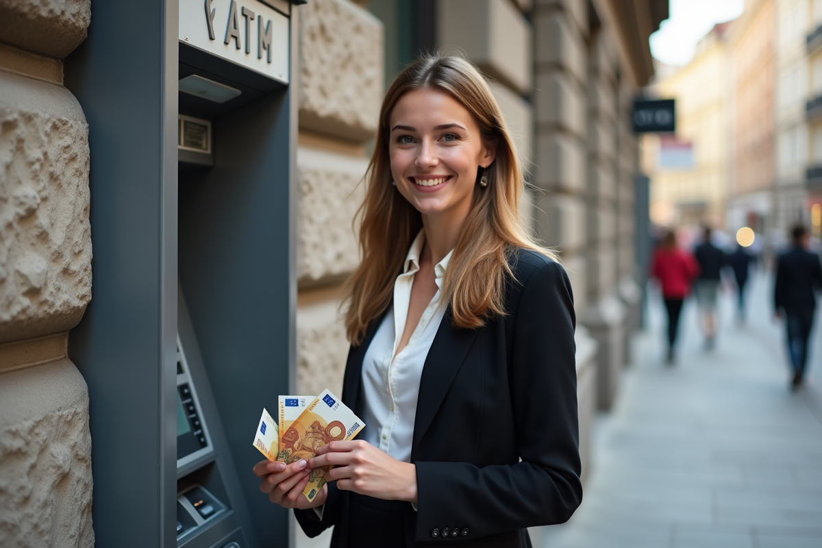 Jeune femme retire de l argent à un distributeur automatique