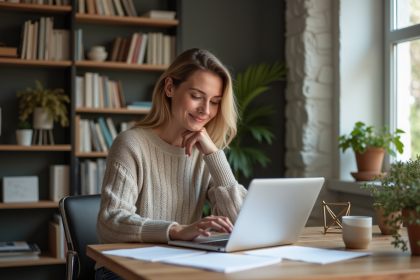 Femme en sweater regardant documents de retraite dans un bureau cosy
