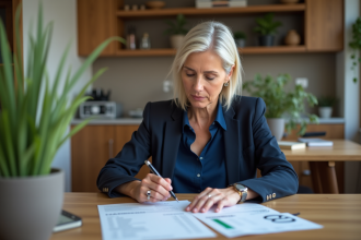 Femme d'âge moyen examine un relevé bancaire à la maison