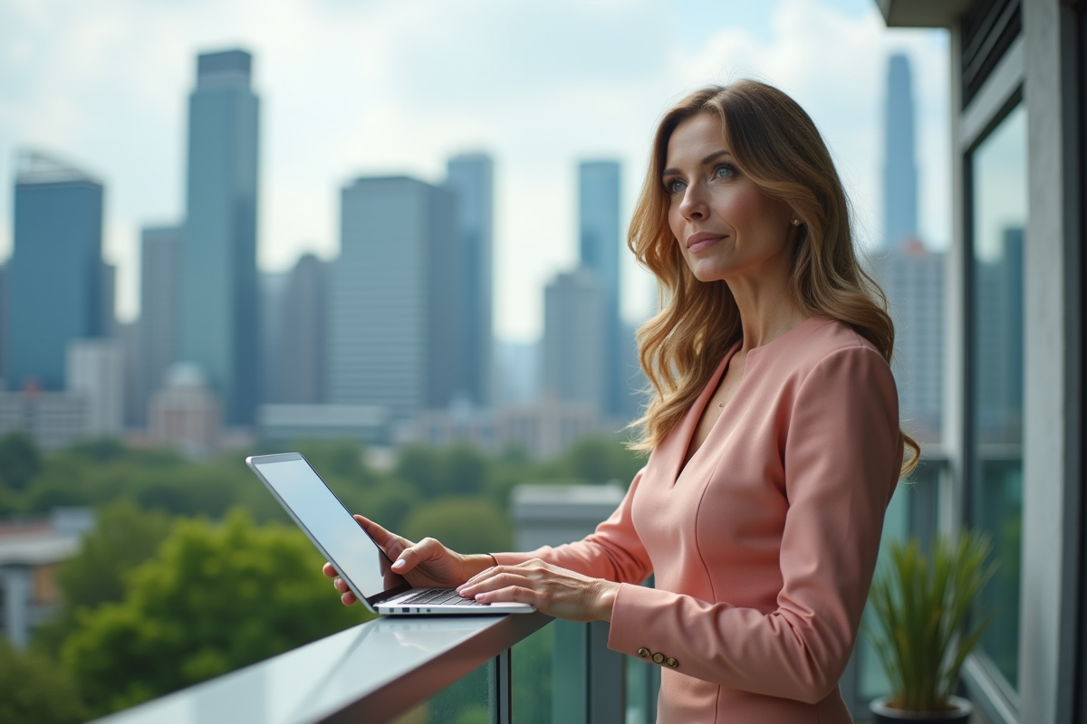 Femme élégante sur un rooftop avec une tablette en main