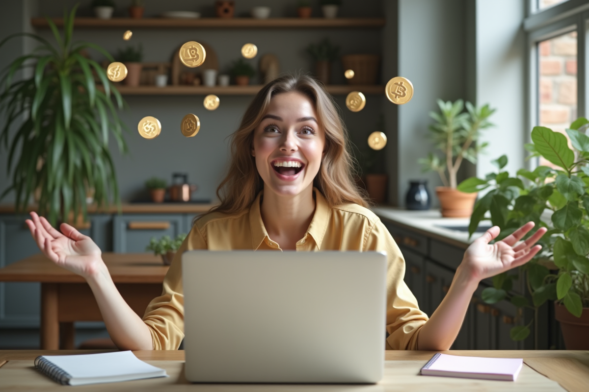 Jeune femme surprise avec symboles de crypto monnaie flottants au-dessus du laptop