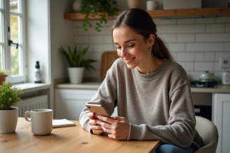 Femme utilisant son smartphone dans une cuisine moderne