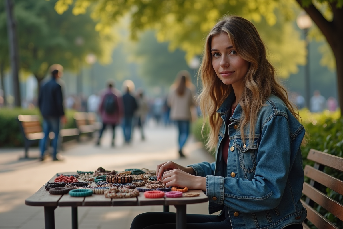 Jeune femme vendant des bracelets faits main dans un parc