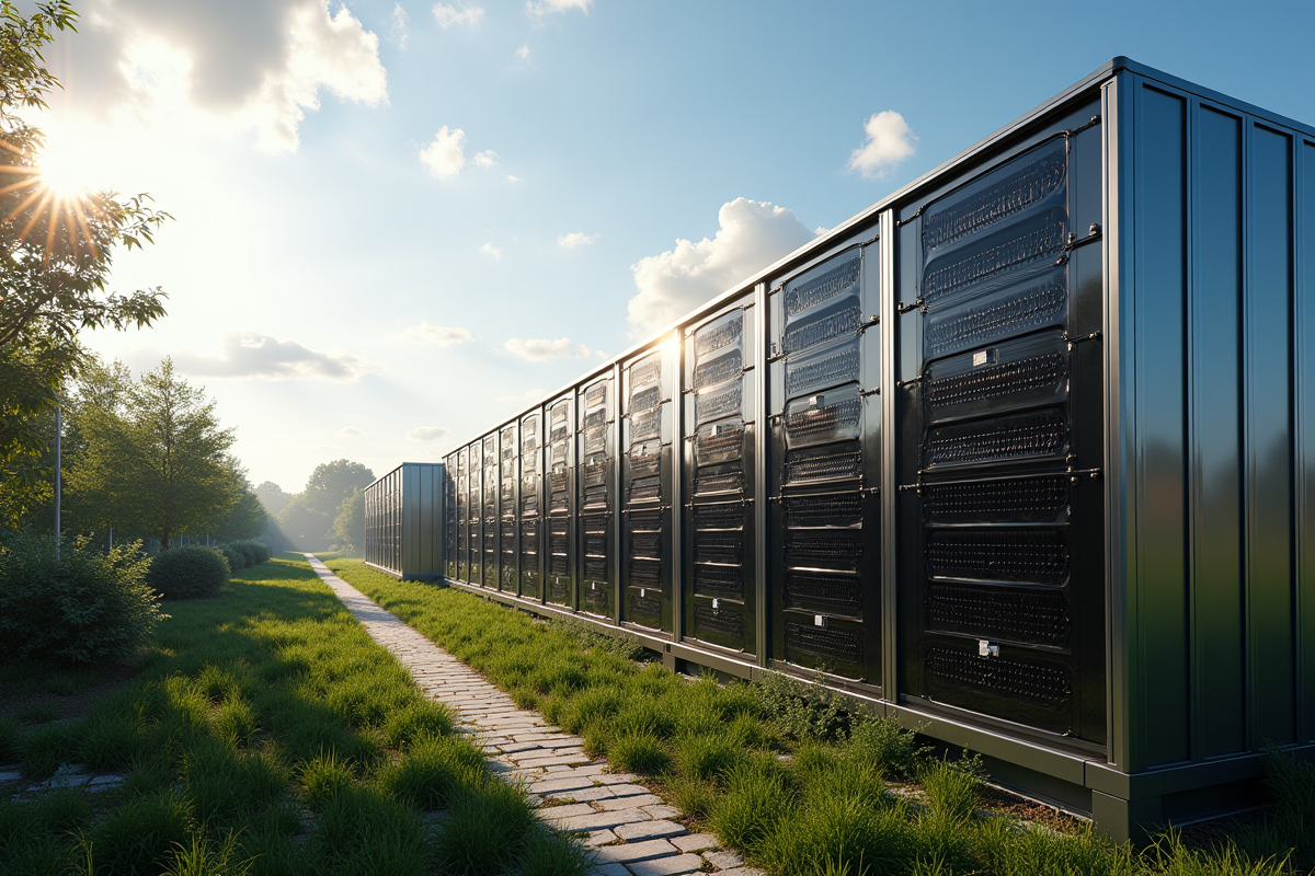 Ferme de minage Ethereum moderne avec panneaux solaires et nature