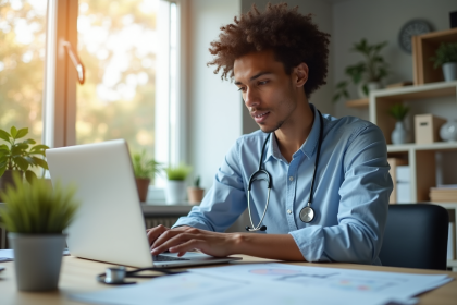 Jeune freelancer travaillant sur un ordinateur dans un bureau lumineux pour l'assurance santé