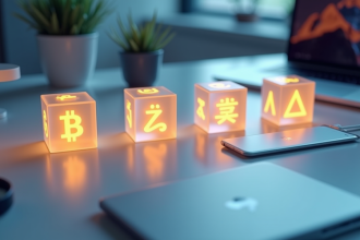 Quatre cubes lumineux avec symboles blockchain sur un bureau blanc