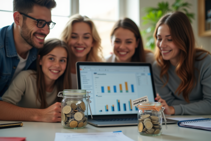 Groupe de jeunes autour d'une table avec graphique et jarre de financement