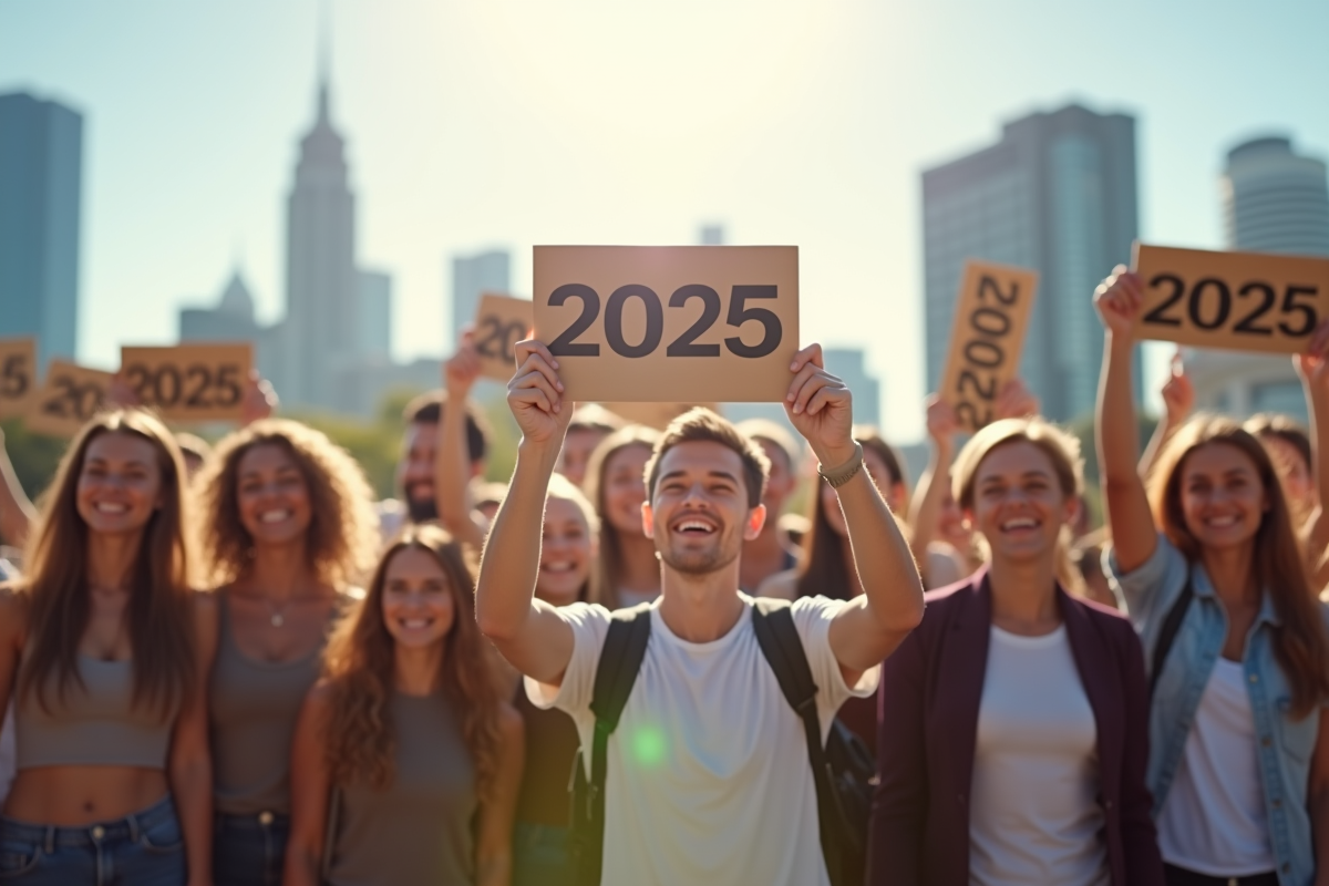 Groupe de personnes souriantes avec signes 2025 en ville