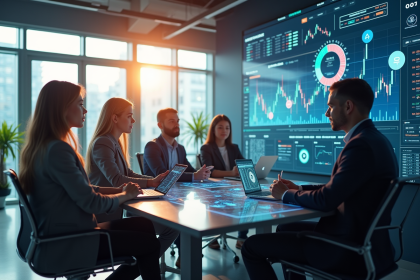 Groupe de jeunes professionnels analysant des graphiques cryptomonnaies