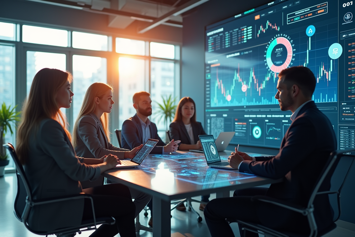 Groupe de jeunes professionnels analysant des graphiques cryptomonnaies