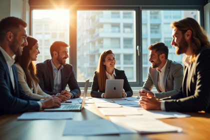 Groupe de professionnels souriants autour d'une table de bureau