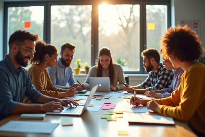 Groupe diversifié travaillant en équipe dans un bureau lumineux